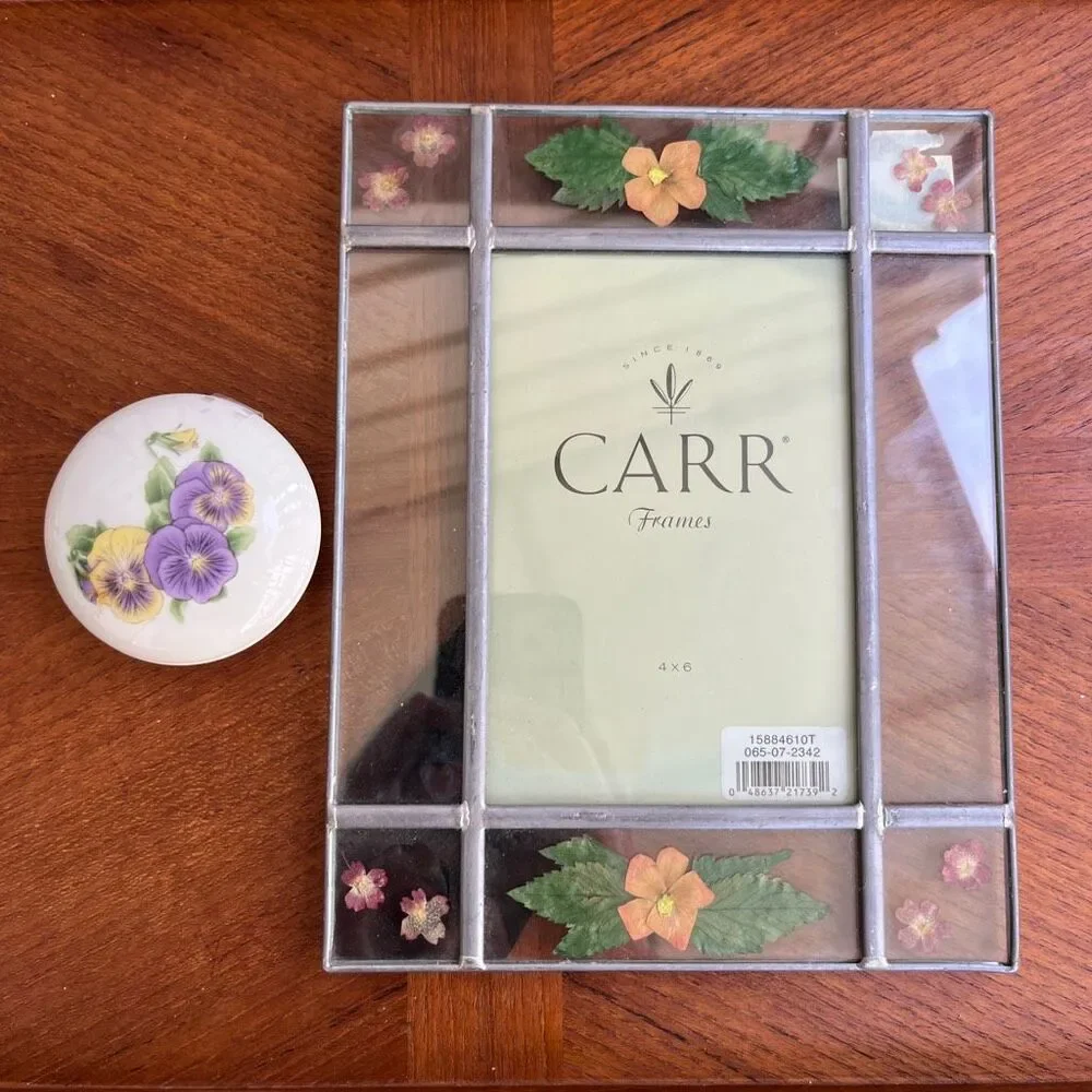 Pressed Flower Stained Glass Frame & Pansy Trinket Box Cottagecore Vanity Set